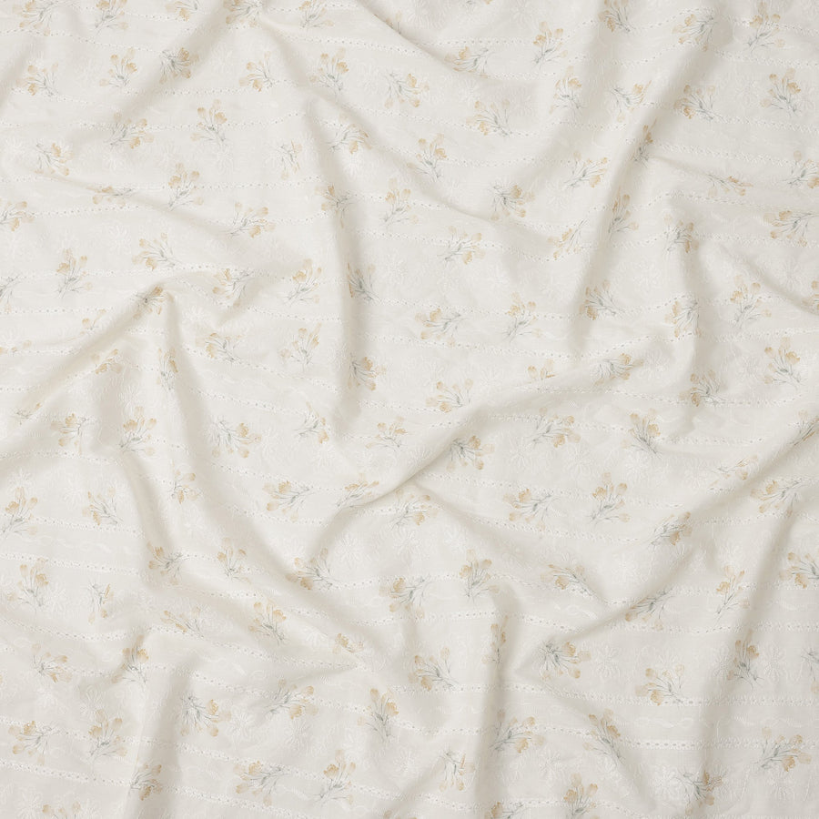 White and Yellow Floral Embroidered Cotton Viscose Fabric, 140 Cms Width, Made in China-D26233