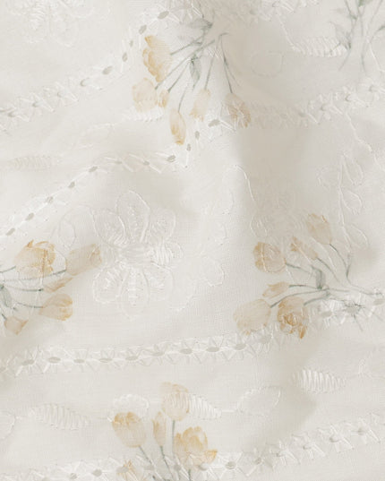 White and Yellow Floral Embroidered Cotton Viscose Fabric, 140 Cms Width, Made in China-D26233