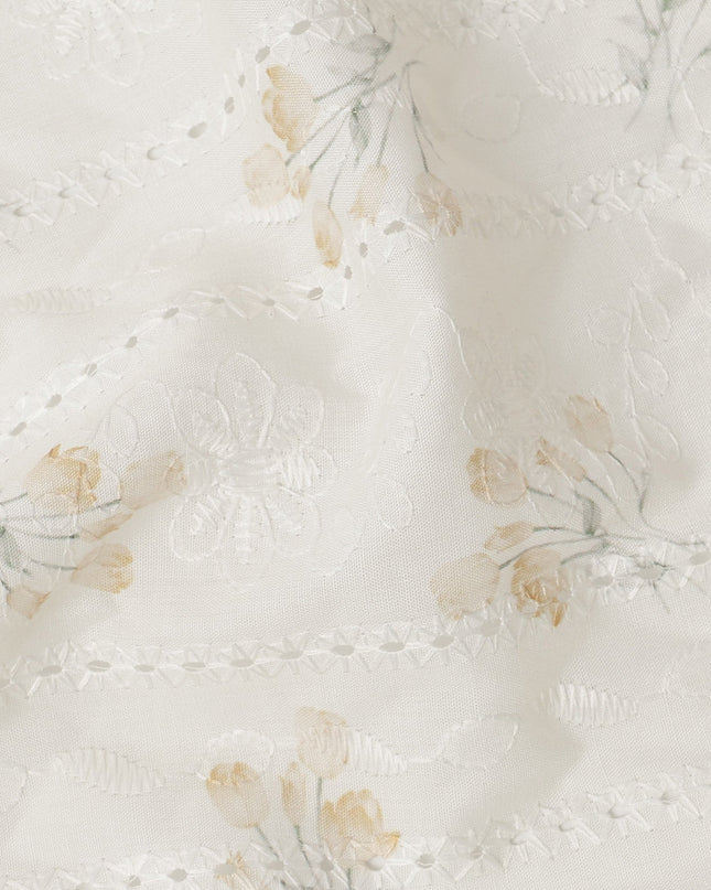 White and Yellow Floral Embroidered Cotton Viscose Fabric, 140 Cms Width, Made in China-D26233
