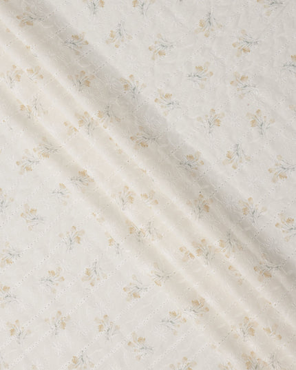 White and Yellow Floral Embroidered Cotton Viscose Fabric, 140 Cms Width, Made in China-D26233