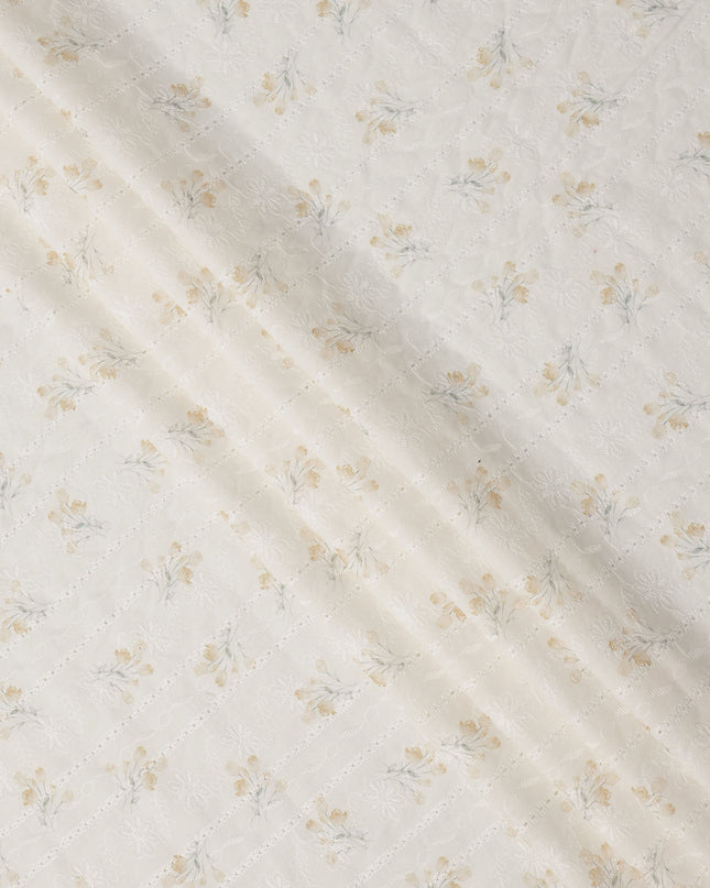 White and Yellow Floral Embroidered Cotton Viscose Fabric, 140 Cms Width, Made in China-D26233
