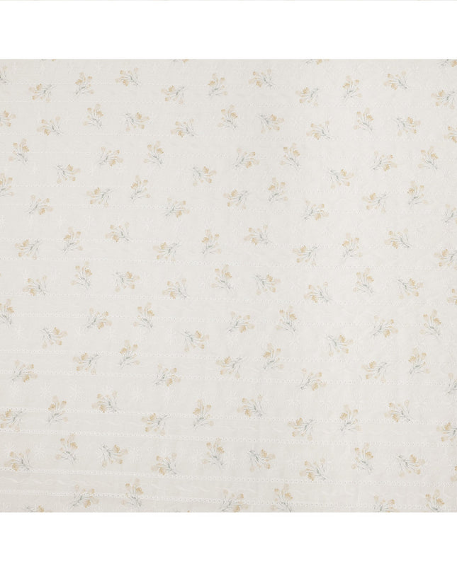 White and Yellow Floral Embroidered Cotton Viscose Fabric, 140 Cms Width, Made in China-D26233