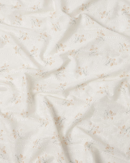 White and Light Beige Floral Embroidered Cotton Viscose Fabric, 140 Cms Width, Made in China-D26237