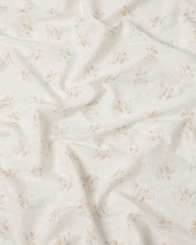 White and Light Beige Floral Embroidered Cotton Viscose Fabric, 140 Cms Width, Made in China-D26237