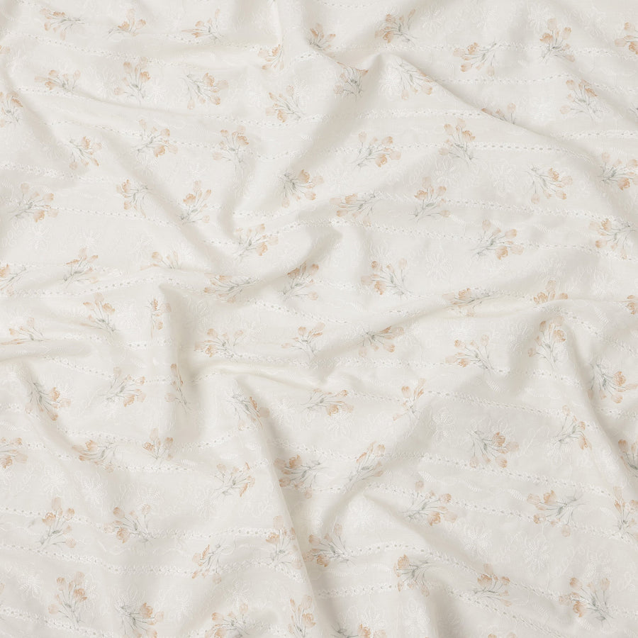 White and Light Beige Floral Embroidered Cotton Viscose Fabric, 140 Cms Width, Made in China-D26237