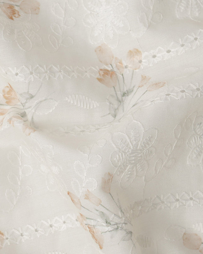 White and Light Beige Floral Embroidered Cotton Viscose Fabric, 140 Cms Width, Made in China-D26237