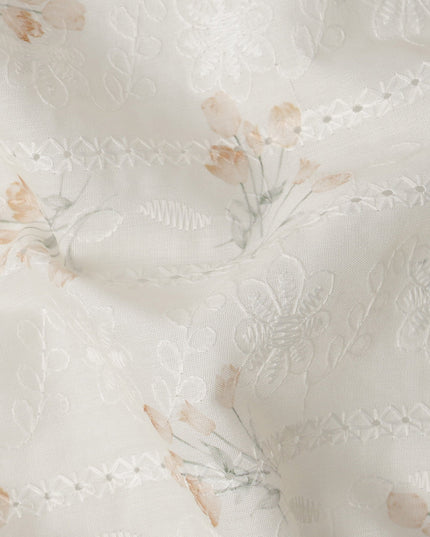 Off White Peach Floral Embroidered Cotton Voile Fabric Soft Sheer Lightweight Design 150 Cms Width Made in India-D27446