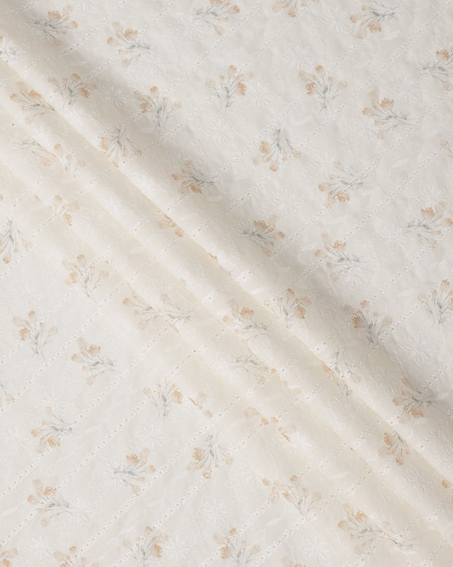 White and Light Beige Floral Embroidered Cotton Viscose Fabric, 140 Cms Width, Made in China-D26237