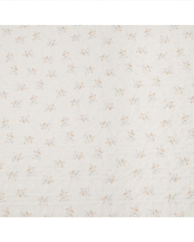 White and Light Beige Floral Embroidered Cotton Viscose Fabric, 140 Cms Width, Made in China-D26237