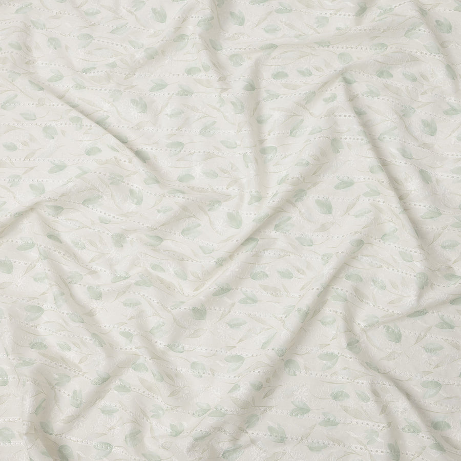 Off White Mint Green Floral Embroidered Cotton Voile Fabric Soft Lightweight Sheer Design Premium Apparel Material 150 Cms Width Made in India-D27442