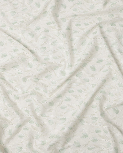 White and Mint Green Leaf Embroidered Cotton Viscose Fabric, 140 Cms Width, Made in China-D26236 Regal Fabrics