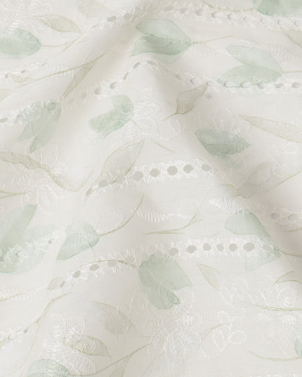 White and Mint Green Leaf Embroidered Cotton Viscose Fabric, 140 Cms Width, Made in China-D26236 Regal Fabrics