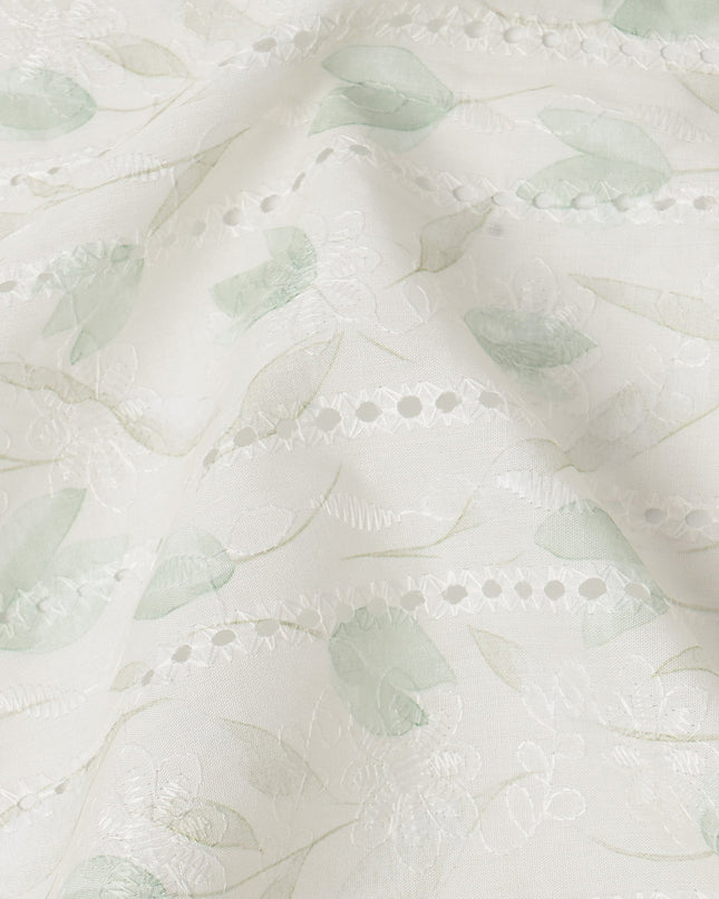 White and Mint Green Leaf Embroidered Cotton Viscose Fabric, 140 Cms Width, Made in China-D26236