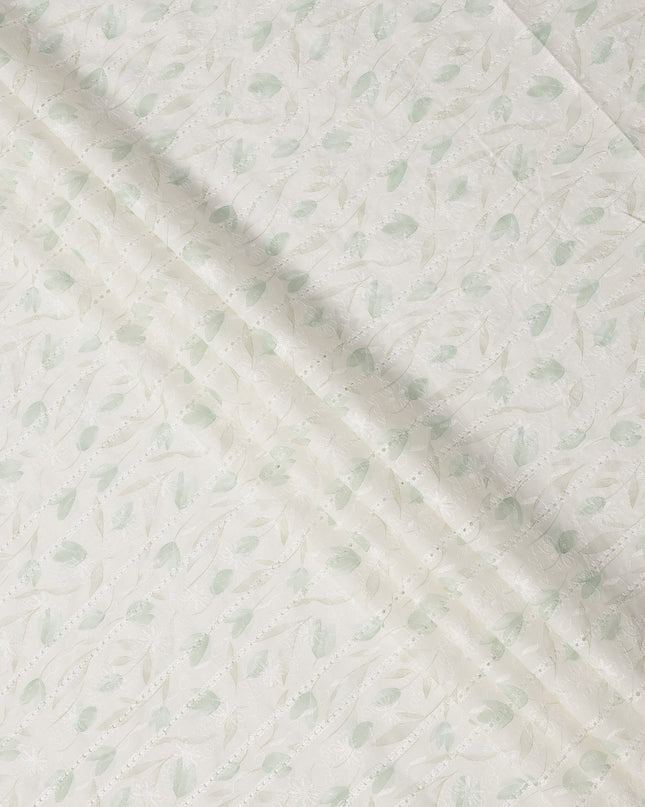 Off White Mint Green Floral Embroidered Cotton Voile Fabric Soft Lightweight Sheer Design Premium Apparel Material 150 Cms Width Made in India-D27442
