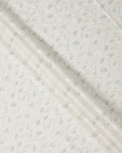 White and Mint Green Leaf Embroidered Cotton Viscose Fabric, 140 Cms Width, Made in China-D26236 Regal Fabrics