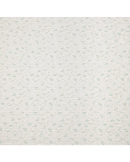 White and Mint Green Leaf Embroidered Cotton Viscose Fabric, 140 Cms Width, Made in China-D26236 Regal Fabrics