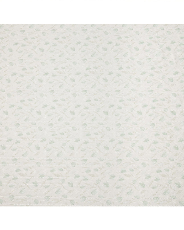 White and Mint Green Leaf Embroidered Cotton Viscose Fabric, 140 Cms Width, Made in China-D26236