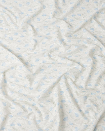 White and Sky Blue Embroidered Leaf Design Cotton Viscose Fabric, 140 Cms Width, Made in China-D26225