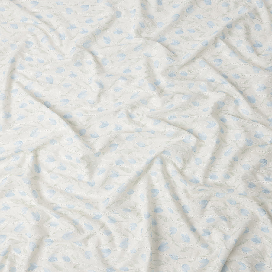 Off White Blue Floral Embroidered Cotton Voile Fabric Soft Lightweight Sheer Design Premium Apparel Material 150 Cms Width Made in India-D27441