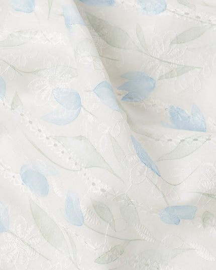 White and Sky Blue Embroidered Leaf Design Cotton Viscose Fabric, 140 Cms Width, Made in China-D26225