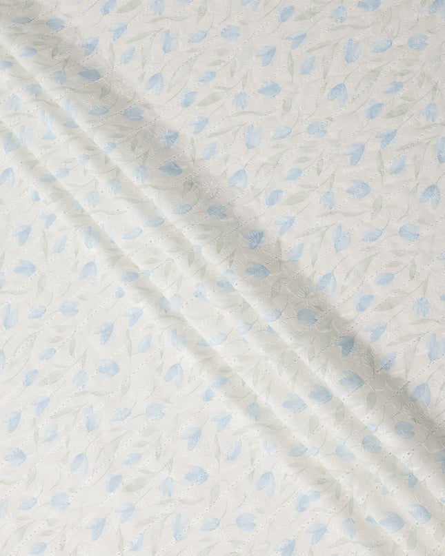 White and Sky Blue Embroidered Leaf Design Cotton Viscose Fabric, 140 Cms Width, Made in China-D26225