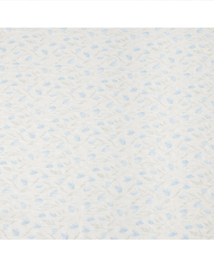 White and Sky Blue Embroidered Leaf Design Cotton Viscose Fabric, 140 Cms Width, Made in China-D26225