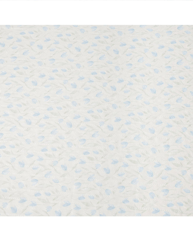 White and Sky Blue Embroidered Leaf Design Cotton Viscose Fabric, 140 Cms Width, Made in China-D26225