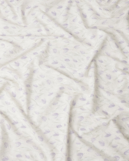 Off White Lavender Floral Embroidered Cotton Voile Fabric Soft Sheer Lightweight Design 150 Cms Width Made in India-D27447