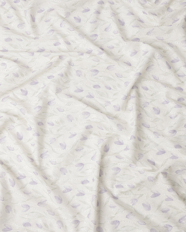 White and Lavender Leaf Embroidered Cotton Viscose Fabric, 140 Cms Width, Made in China-D26229