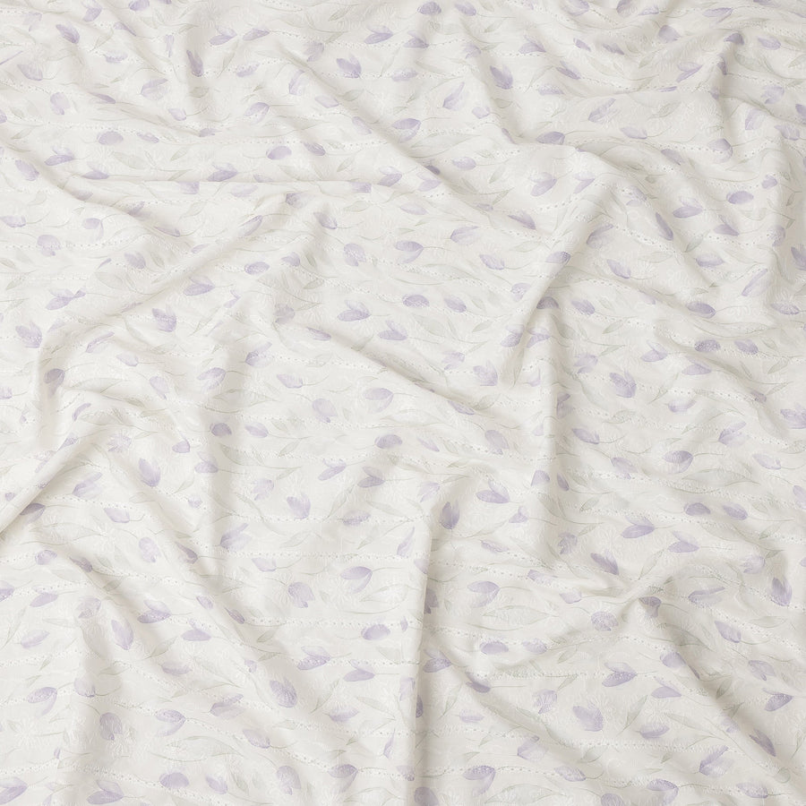 White and Lavender Leaf Embroidered Cotton Viscose Fabric, 140 Cms Width, Made in China-D26229 Regal Fabrics