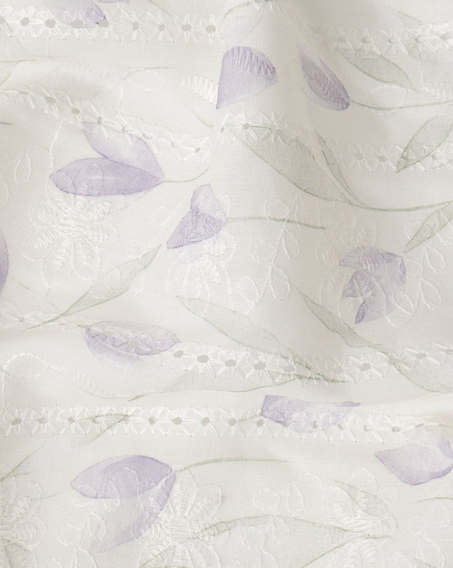 Off White Lavender Floral Embroidered Cotton Voile Fabric Soft Sheer Lightweight Design 150 Cms Width Made in India-D27447