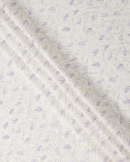 White and Lavender Leaf Embroidered Cotton Viscose Fabric, 140 Cms Width, Made in China-D26229 Regal Fabrics