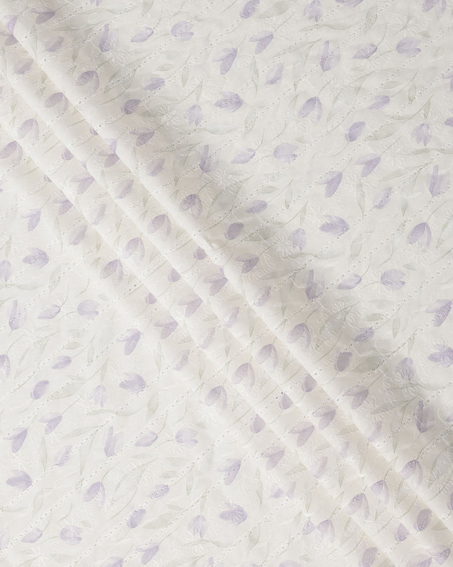 Off White Lavender Floral Embroidered Cotton Voile Fabric Soft Sheer Lightweight Design 150 Cms Width Made in India-D27447