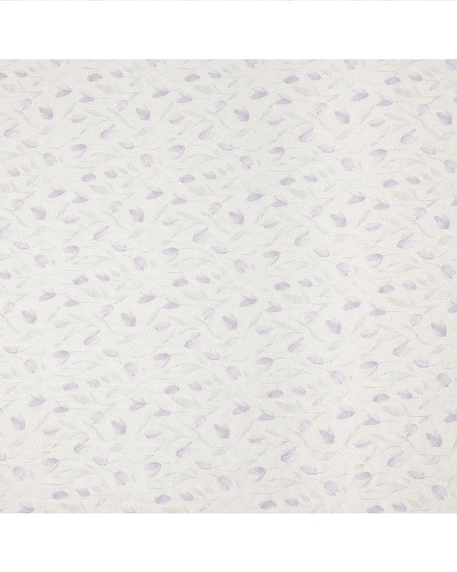 Off White Lavender Floral Embroidered Cotton Voile Fabric Soft Sheer Lightweight Design 150 Cms Width Made in India-D27447