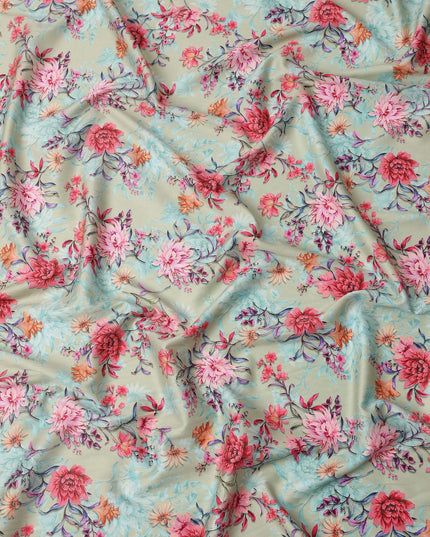 Beige Base with Multicolor Floral Print Pure Cotton Satin Fabric, 140 Cms Width, Made in India-D26020