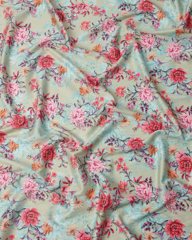 Beige Base with Multicolor Floral Print Pure Cotton Satin Fabric, 140 Cms Width, Made in India-D26020