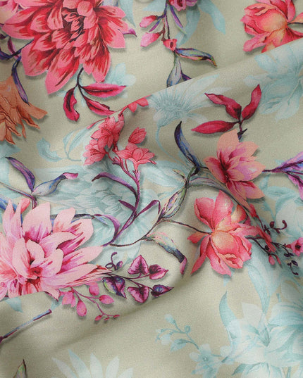 Beige Base with Multicolor Floral Print Pure Cotton Satin Fabric, 140 Cms Width, Made in India-D26020