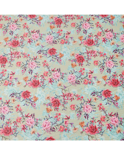 Beige Base with Multicolor Floral Print Pure Cotton Satin Fabric, 140 Cms Width, Made in India-D26020