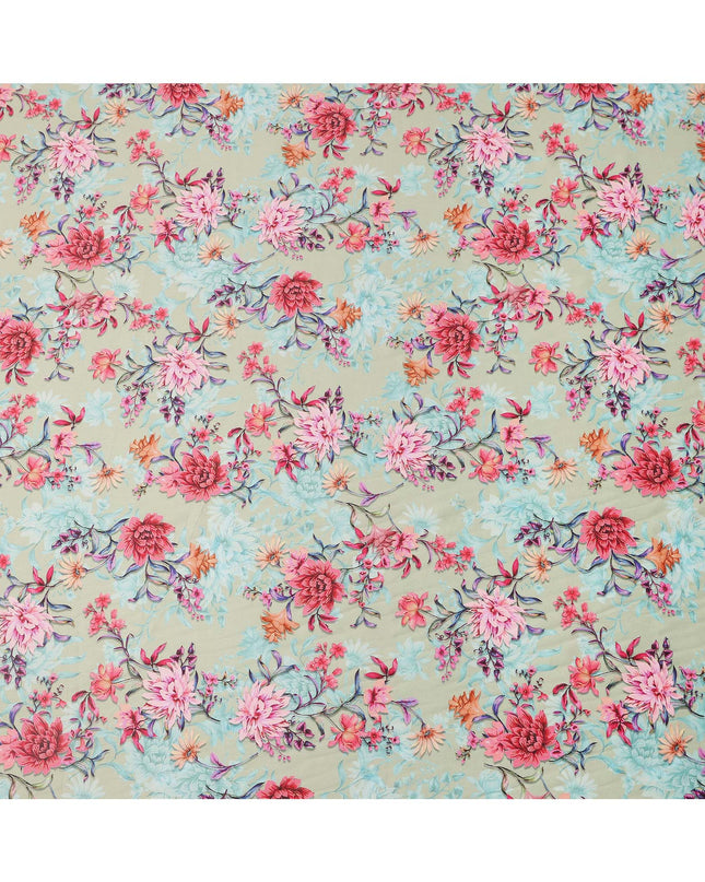 Beige Base with Multicolor Floral Print Pure Cotton Satin Fabric, 140 Cms Width, Made in India-D26020