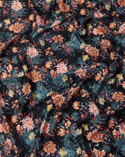Black Base with Multicolor Floral Print Pure Cotton Satin Fabric, 140 Cms Width, Made in India-D26019