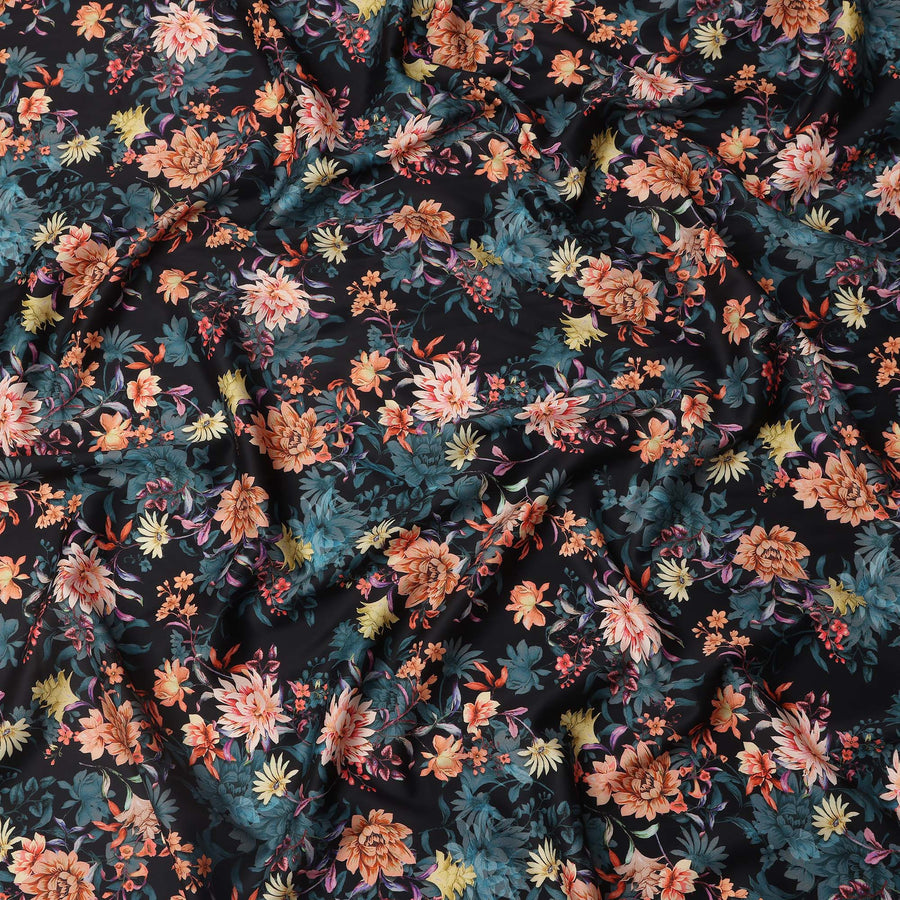 Black Base with Multicolor Floral Print Pure Cotton Satin Fabric, 140 Cms Width, Made in India-D26019