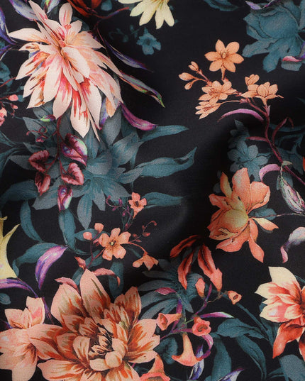Black Base with Multicolor Floral Print Pure Cotton Satin Fabric, 140 Cms Width, Made in India-D26019