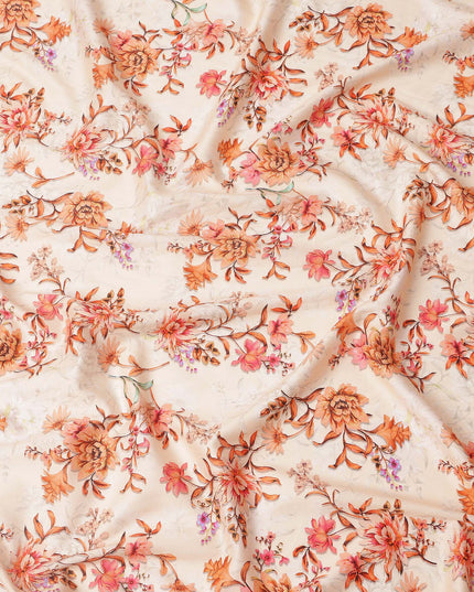 Peach Base with Orange and Pink Floral Print Pure Cotton Satin Fabric, 140 Cms Width, Made in India-D26021