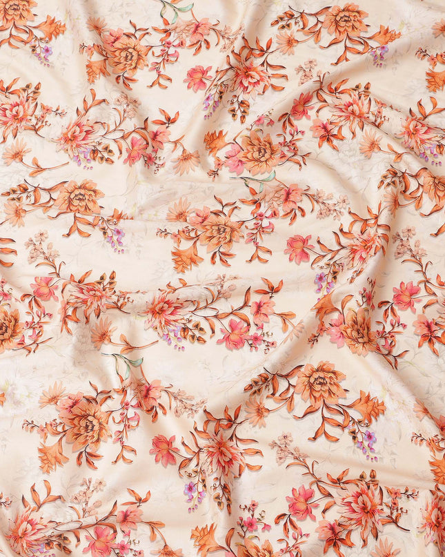 Peach Base with Orange and Pink Floral Print Pure Cotton Satin Fabric, 140 Cms Width, Made in India-D26021
