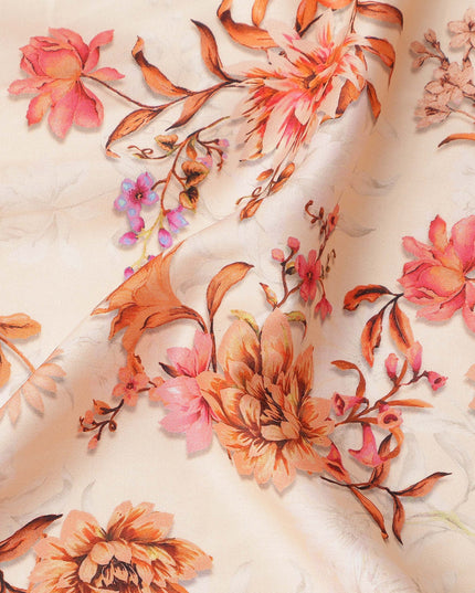 Peach Base with Orange and Pink Floral Print Pure Cotton Satin Fabric, 140 Cms Width, Made in India-D26021