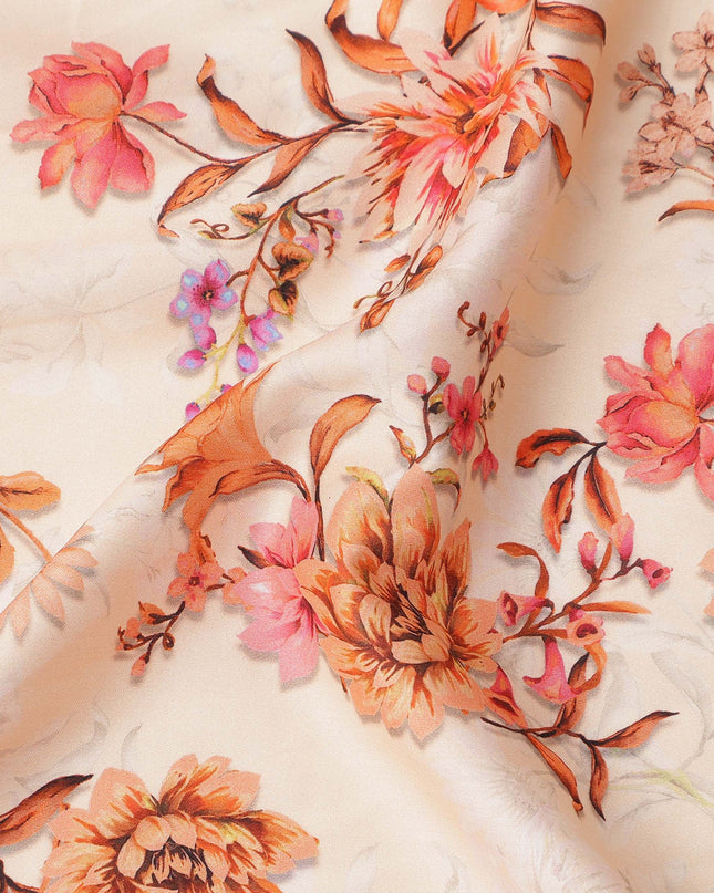 Peach Base with Orange and Pink Floral Print Pure Cotton Satin Fabric, 140 Cms Width, Made in India-D26021