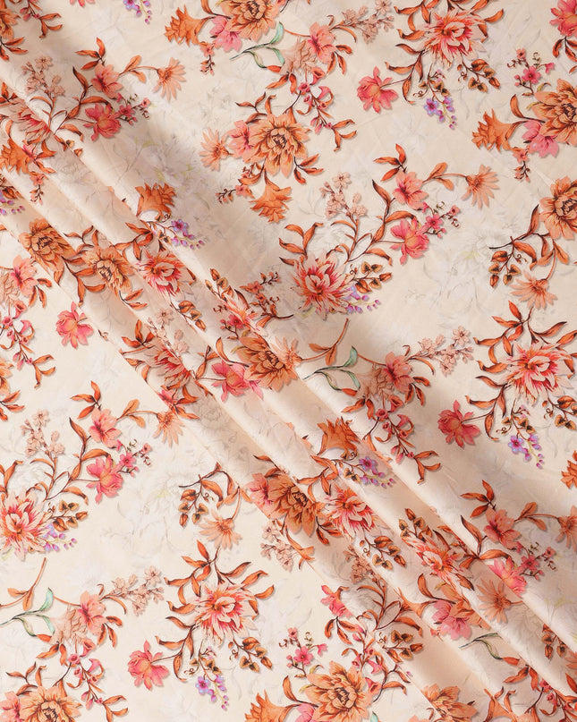 Peach Base with Orange and Pink Floral Print Pure Cotton Satin Fabric, 140 Cms Width, Made in India-D26021
