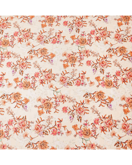 Peach Base with Orange and Pink Floral Print Pure Cotton Satin Fabric, 140 Cms Width, Made in India-D26021