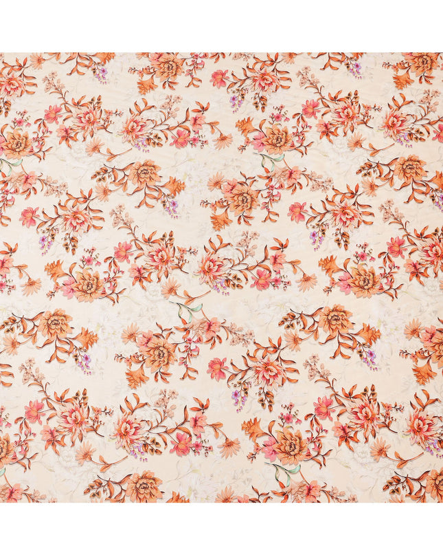 Peach Base with Orange and Pink Floral Print Pure Cotton Satin Fabric, 140 Cms Width, Made in India-D26021