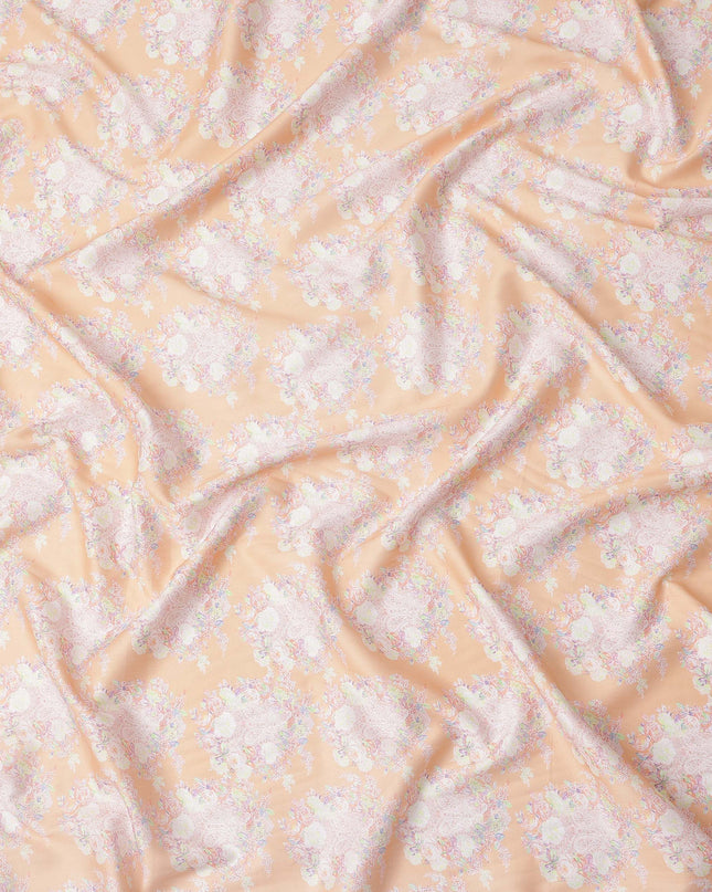 Peach Base with White and Pastel Floral Print Pure Cotton Satin Fabric, 140 Cms Width, Made in India-D26023